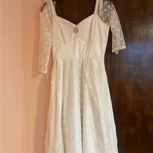 Unique vintage elopement 50s Ivory Polka Dot Mesh Sleeve Dress with Brooch